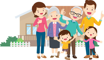 family and home.Happy family in front of their house.Father, mother, son and daughter grandparent outdoors.