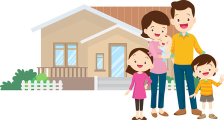 family and home.Happy family in front of their house.Father, mother, son and daughter grandparent outdoors.
