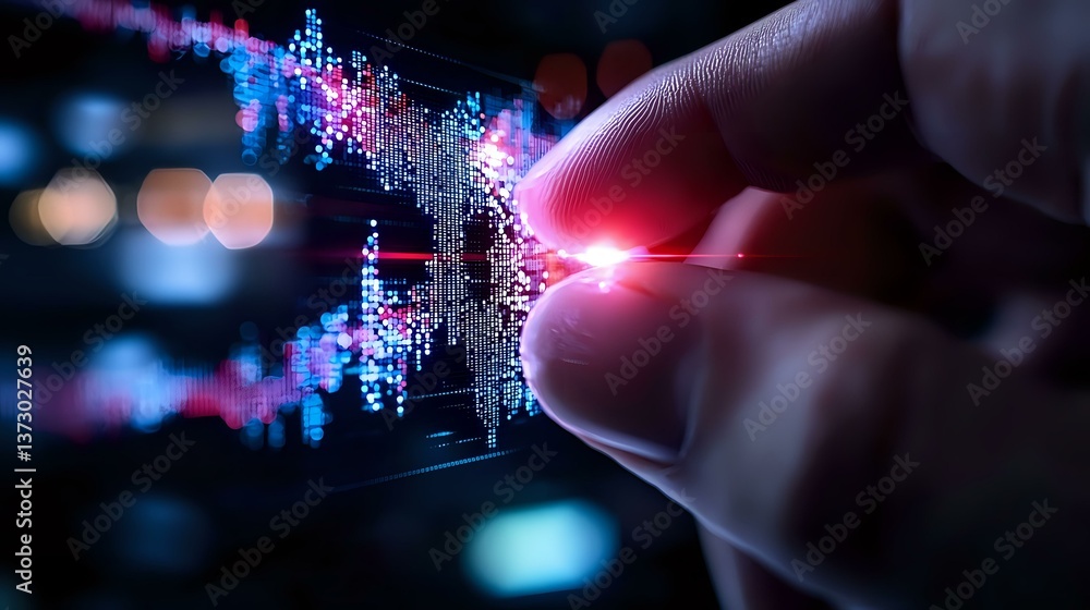Poster fingers touching glowing digital particles creating futuristic connection effect with pink and blue 