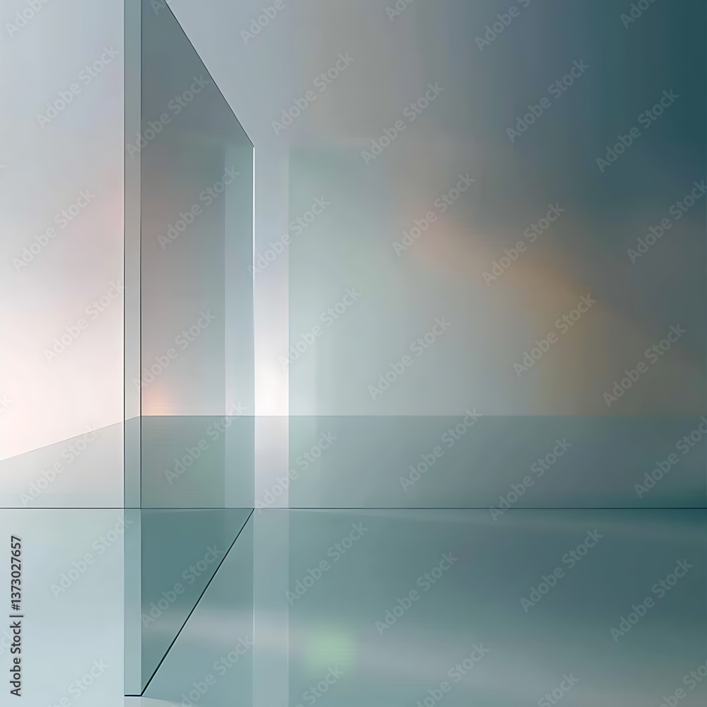 Poster minimalist abstract background featuring a serene, empty space with reflective floors and smooth, in