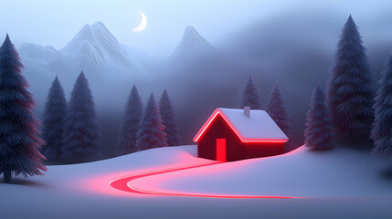 Red Cabin In Snowy Mountains At Night