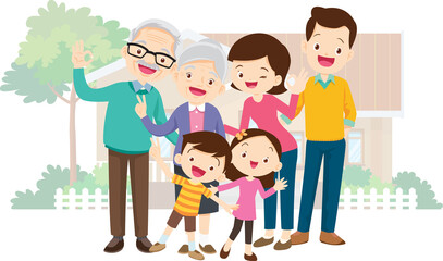 family and home.Happy family in front of their house.Father, mother, son and daughter grandparent outdoors.