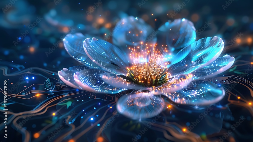 Poster luminous blue fantasy flower glowing with digital particles and integrated circuit pathways on a dar
