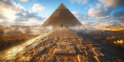 Pyramid Pathway: Captivating shot of a pyramid, ancient, majestic structure amidst desert landscapes, with dramatic lighting, evokes a sense of history and wonder.
