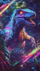 Digital art of a blue dinosaur with glowing eyes in