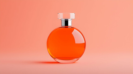 Orange Perfume Bottle on Coral Background