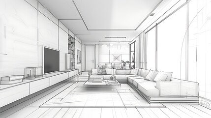 Architectural line drawing sketch of a modern living room interior design. Perspective view showing furniture layout and spatial planning concept in black and white.
