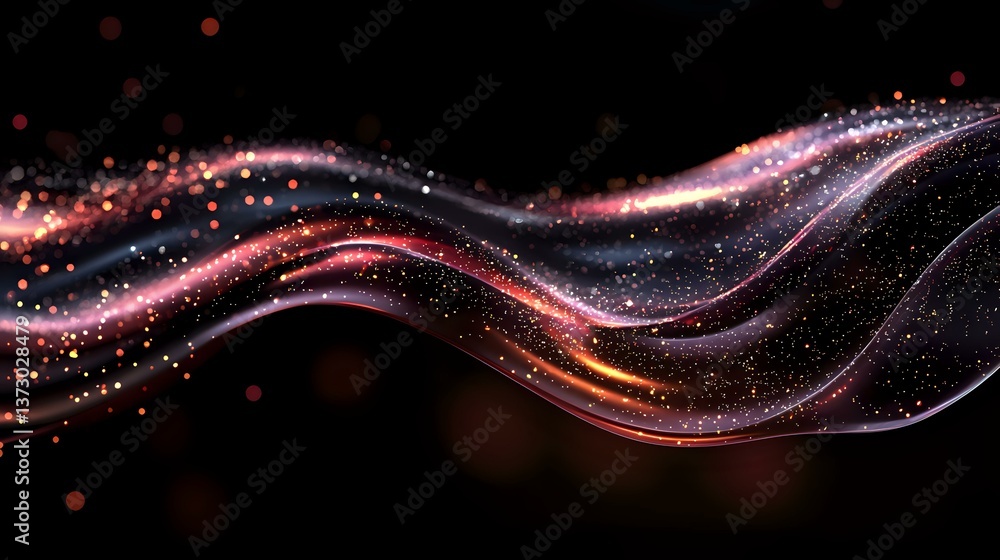 Poster abstract flowing waves of pink and orange light with glowing particles and sparkles against dark bac
