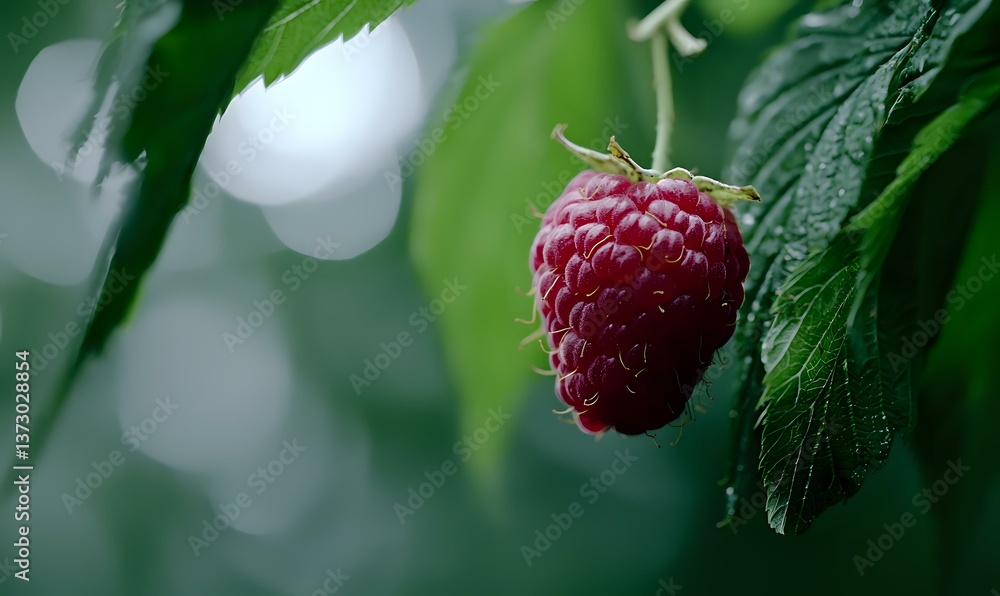 Aufkleber fresh ripe red raspberry hanging on branch with green leaves and soft bokeh background, macro food p