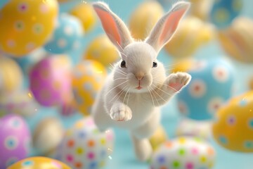 Playful Easter bunny hopping among vibrant Easter eggs on a bright green lawn in a charming