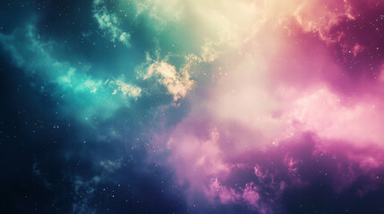 Naklejka premium Ethereal sky filled with soft clouds and shimmering stars creating a dreamy atmosphere with an ambient glow in a fantasy landscape.