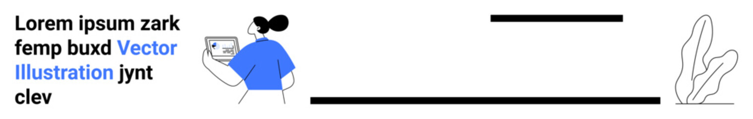 Fototapeta premium Woman holding a digital tablet with text, abstract plant outline, horizontal lines. Ideal for technology, communication, minimalism, modern design, education, business simple landing page