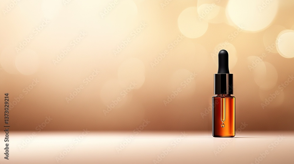 Poster an image of a clear bottle of oil sitting on a wooden table in front of a soft, out-of-focus light s