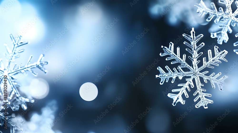 Poster delicate snowflakes with intricate crystalline patterns floating against dark blue bokeh background 