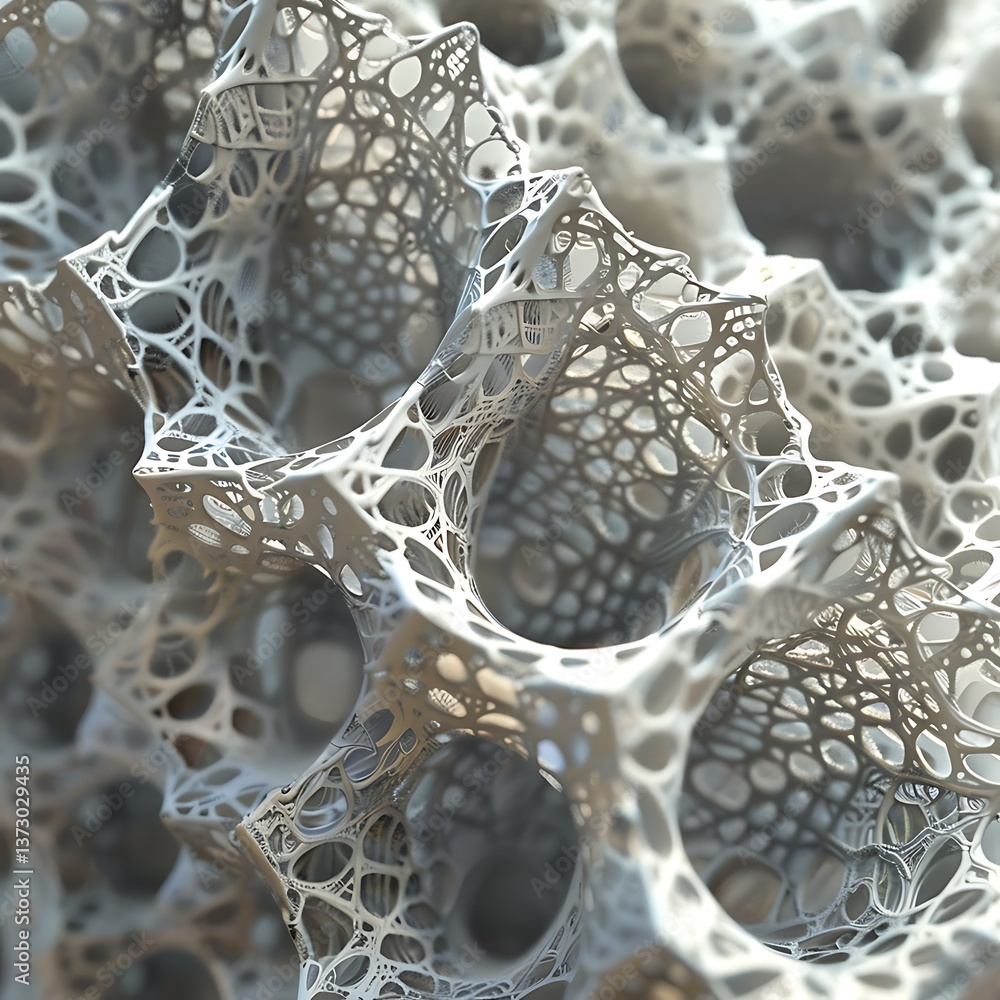 Poster macro view of a complex, white, porous, lattice-like structure with intricate details. abstract 3d r