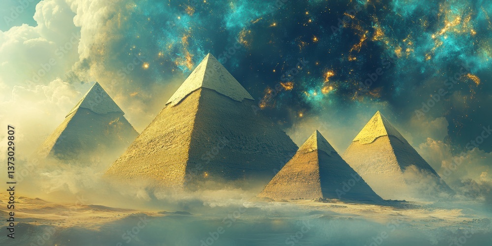Poster mystical pyramids: soaring pyramids reaching towards the heavens, enveloped in a mystical haze of cl