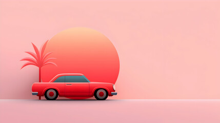 Red Classic Car at Sunset with Palm Tree Pixel Art Illustration