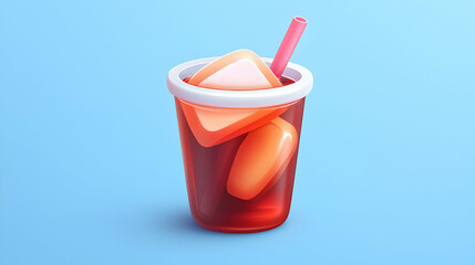 Red Drink with Ice in a Plastic Cup on a Blue Background