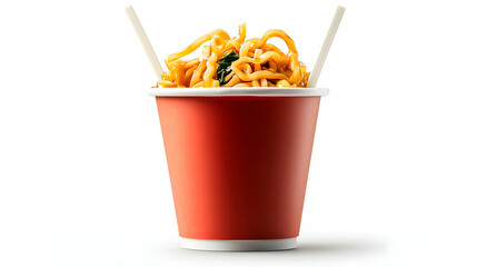 Red Cup of Noodles with Chopsticks on White Background