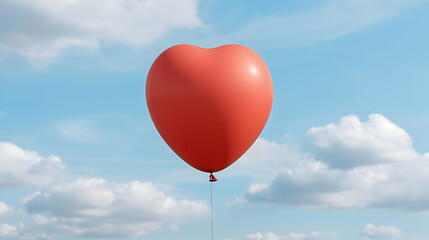 Red Heart Shaped Balloon Floating in a Blue Sky with White Clouds