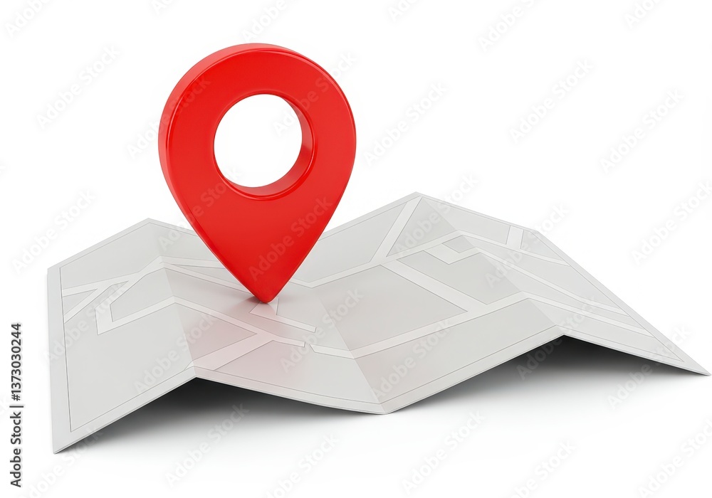 Poster red location pin marking a location on a folded gray map
