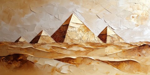 Golden Pyramids in the Desert: A captivating portrayal of ancient pyramids under the vast desert landscape. The sun-kissed sand dunes surround these majestic structures.