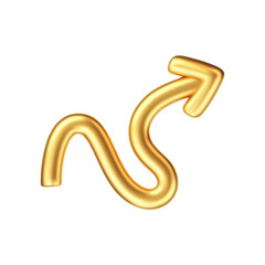3D gold doodle arrow in Y2K style, isolated on a white background. Render of 3D golden liquid curve and swirl arrow, rotating up, down, and right with a metal shine effect. 3D vector Y2K figure