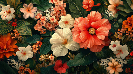 Colorful botanical collage featuring exotic flowers and vintage illustrations in intricate design