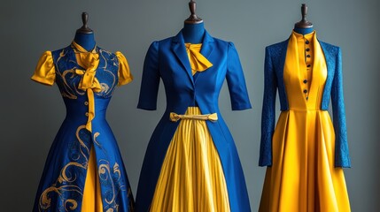 Three elegant blue and yellow dresses displayed on mannequins for fashion