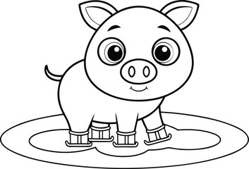 Cartoon Outline Pig with Big Eyes and Skates on a Ice Surface, White Background