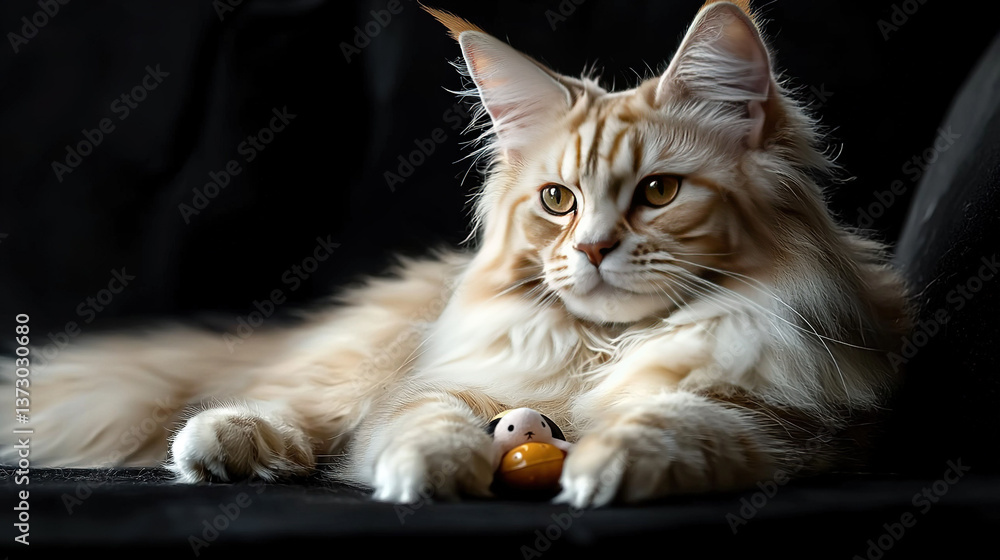 Poster a close-up of a cat lounging on a couch with a stuffed toy in front of its face