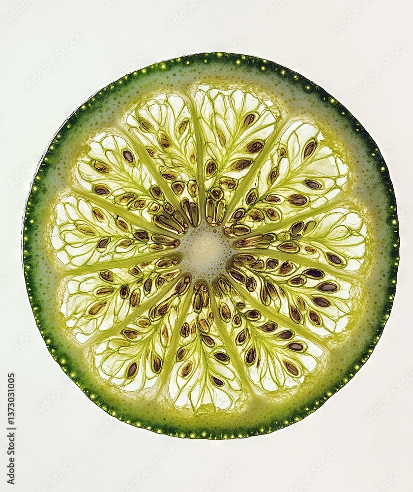 Poster   A close-up of a lime slice on a white surface with a circular design on top
