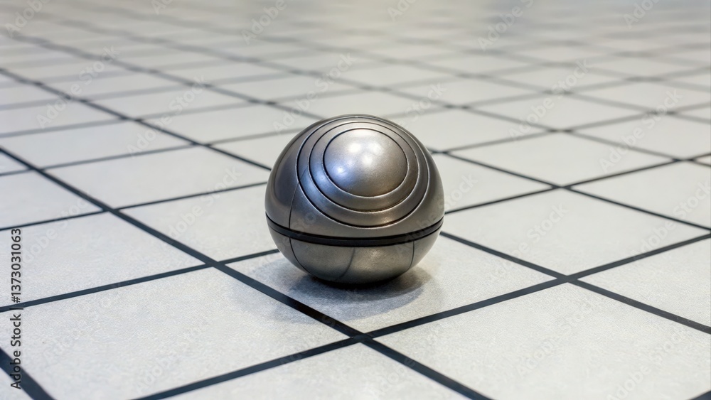 Poster a metallic ball rests on a checkered floor, featuring a sleek design and circular patterns.