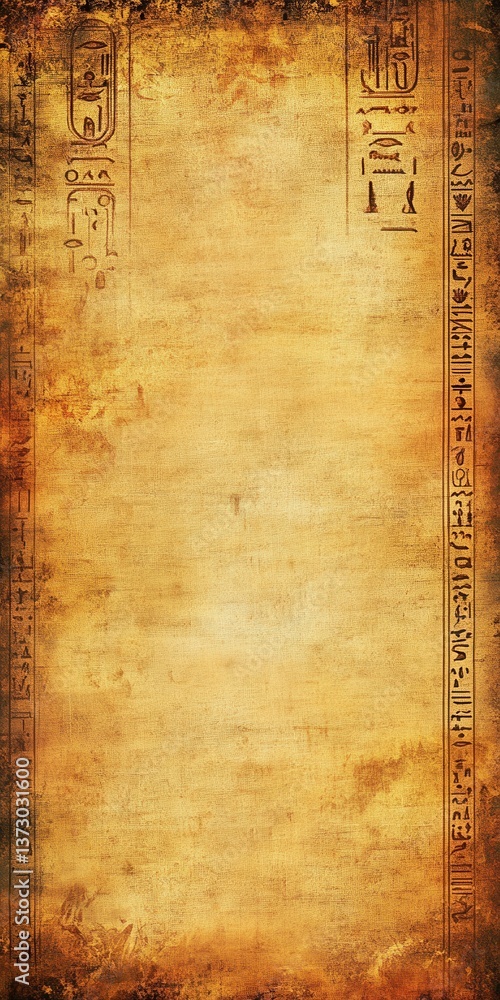 Poster ancient scroll: a close-up view of a worn, textured ancient scroll bearing hieroglyphic writing, a s