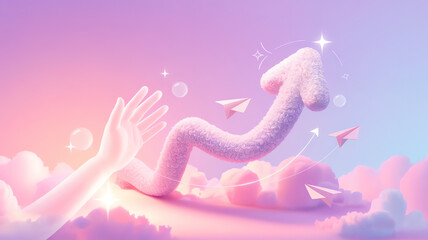 Fototapeta premium Surreal 3D Illustration of a Wavy Upward Arrow with Soft Pink and Purple Tones Representing Growth and Success