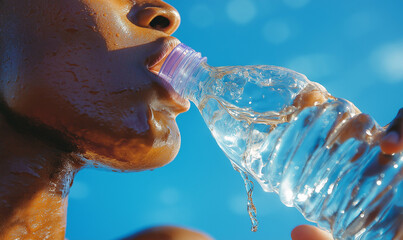 photography AI сlose-up of a person, girl or guy, drinking water from a plastic bottle, water flows into the mouth, splashes on the lips, on the face, man drinking water from bottle