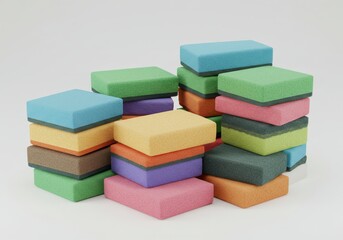 Obraz premium Stacked Colorful Sponges for Cleaning or Washing in Studio Shot