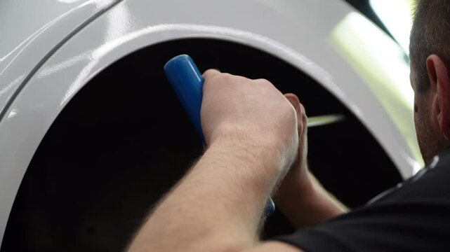 Process of paintless dent repair on car body. The mechanic at the auto shop with tools to repair dents in car body. Body repair. A specialist repairs a dent on the car body without painting. PDR. 