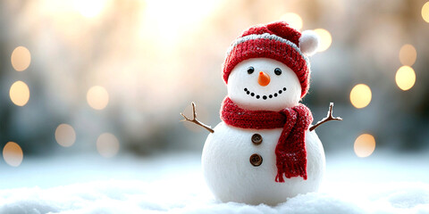 Fototapeta premium Cheerful snowman wearing a red hat and scarf in snowy surroundings 