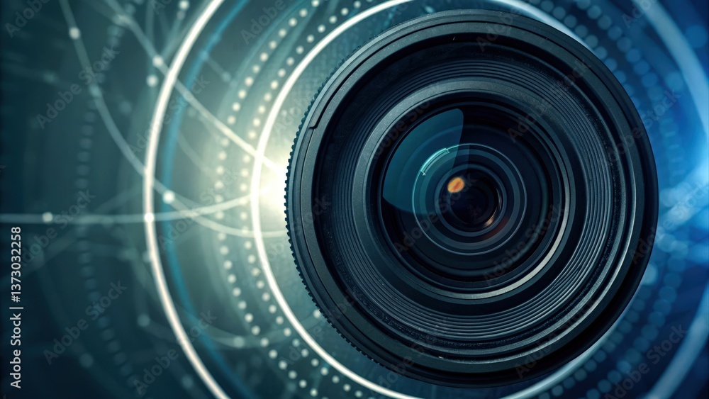 Poster a close-up of a camera lens surrounded by swirling digital patterns, emphasizing the fusion of photo
