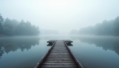 Misty lake with wooden pier surrounded by foggy trees  