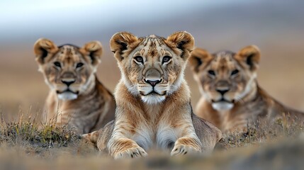 Obraz premium Three young lionesses resting together in savanna grassland, front view portrait of wild African cats with focused gaze and alert expressions in natural habitat.