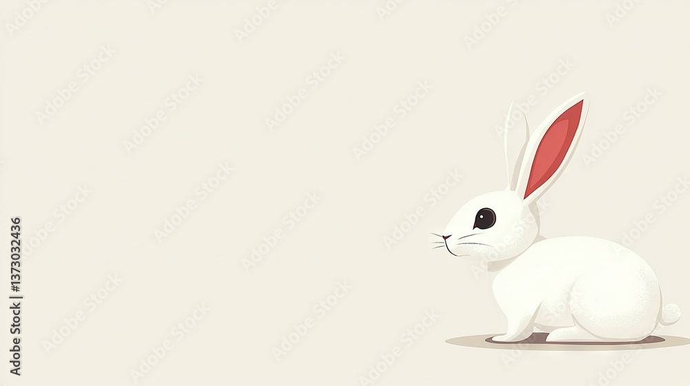 Poster white rabbit with black eyes and red nose on a white background with a red frame