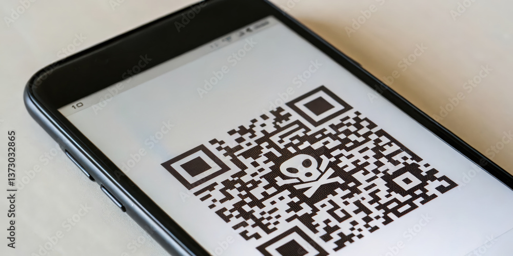 Poster a smartphone displaying a qr code featuring a skull symbol, suggesting a warning or caution related 