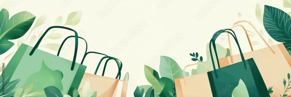 Poster modern background showcasing reusable grocery bags and eco-friendly packaging with clean green and b