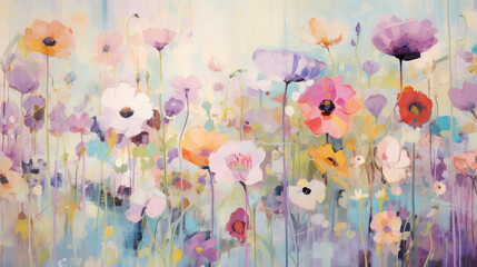 Pastel spring flowers create a vibrant abstract art piece filled with color and beauty