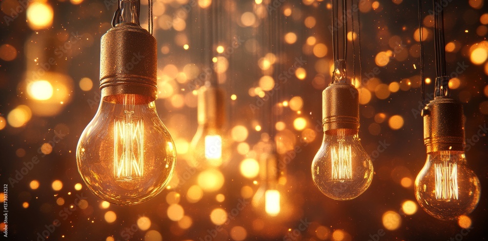 Poster light bulbs dangling in front of a dark background set a warm and inviting mood, ideal for a cafe in