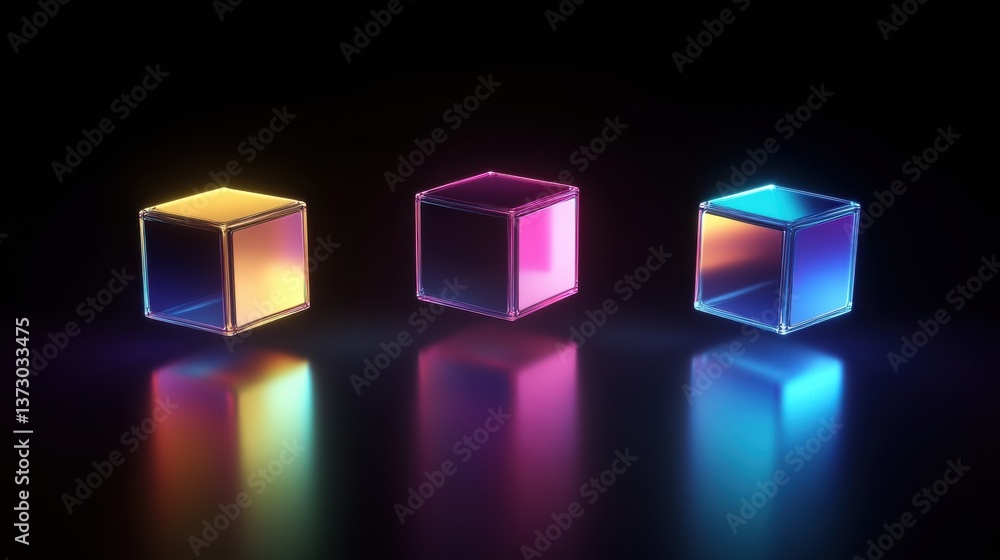 Poster Floating colorful 3D cubes create a futuristic minimalistic atmosphere with soft reflections and neon color gradients in a dynamic space