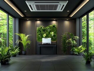 Modern Office with Green Wall, and Plants.