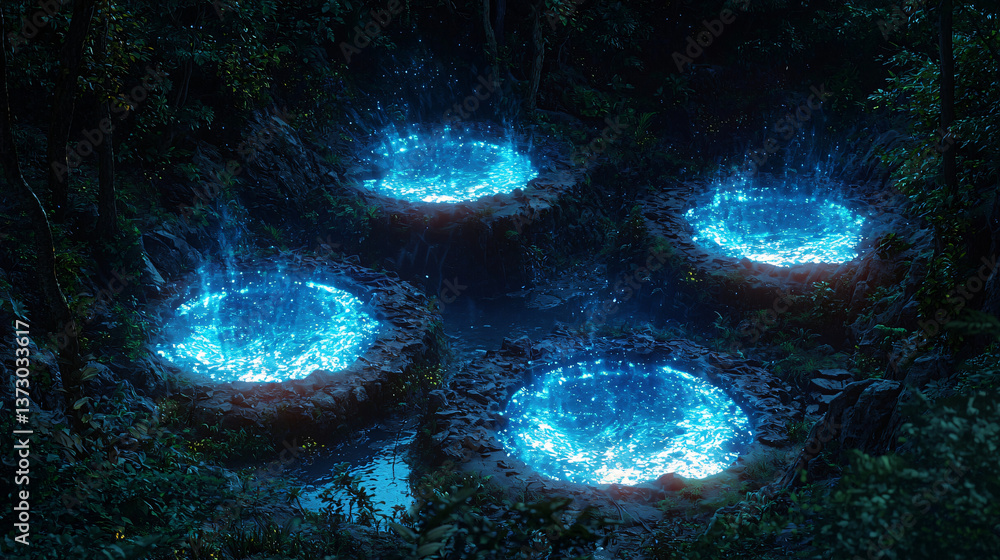 Poster enchanting forest scene featuring four glowing fireballs illuminated by a soft twilight glow in a ma
